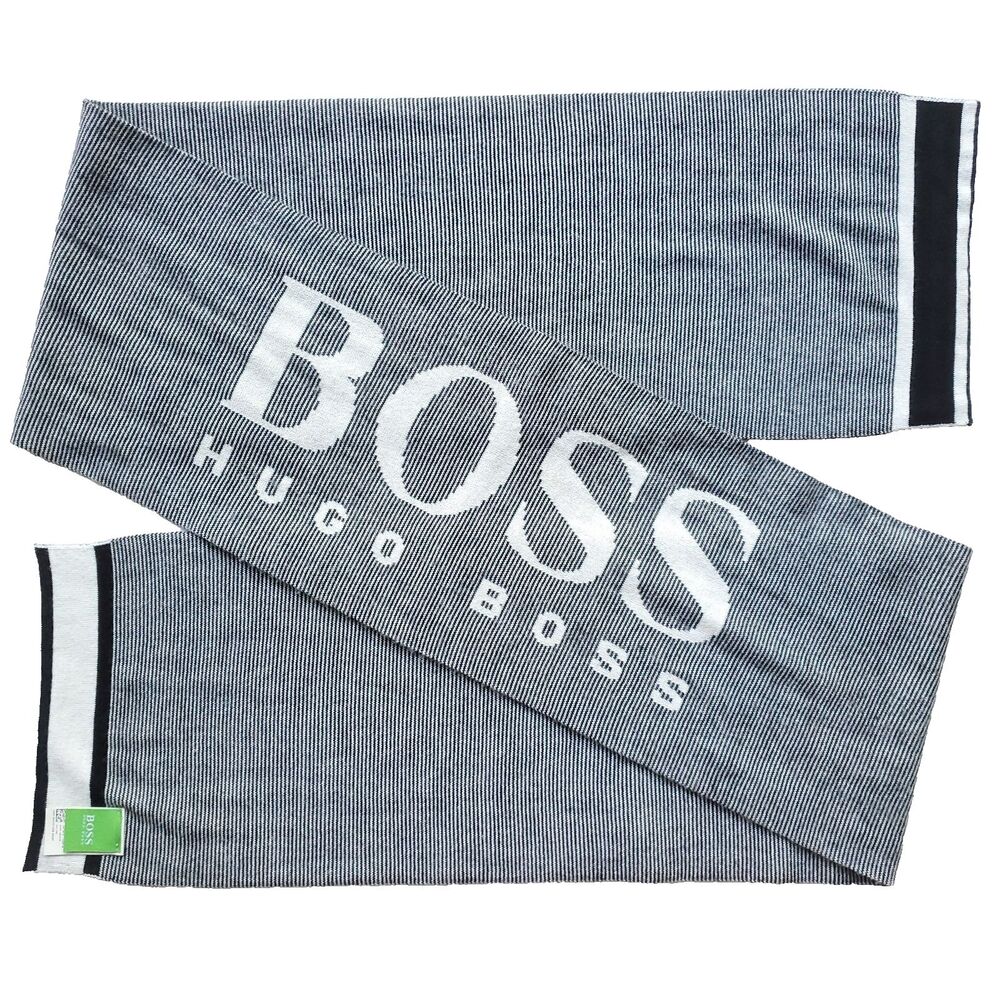 Hugo Boss Knit Scarf 9 x 73 Black White Stripe Spellout Unisex Designer Winter